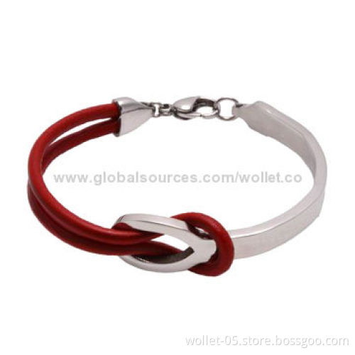 Fashion Jewelry Chain, Made of Red Leather and Stainless Steel, Accept Customization